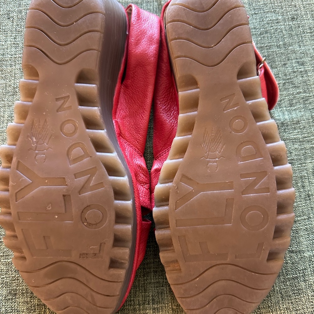 Fly London red yman leather wedge sandals